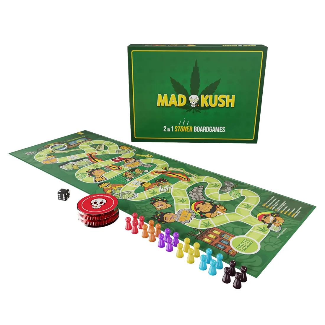 Et brætspil præsenterer sig med en farverig spilleplade, prydet med forskellige symboler og illustrationer relateret til fest og cannabis-temaet. Spillebrikkerne er i forskellige nuancer af grøn, og terningen har tydelige numre. I hjørnerne er der placeret farverige kort med unikke designs, der tilføjer visuel variation til spiloplevelsen. Hele arrangementet er indrammet af en sort kant.