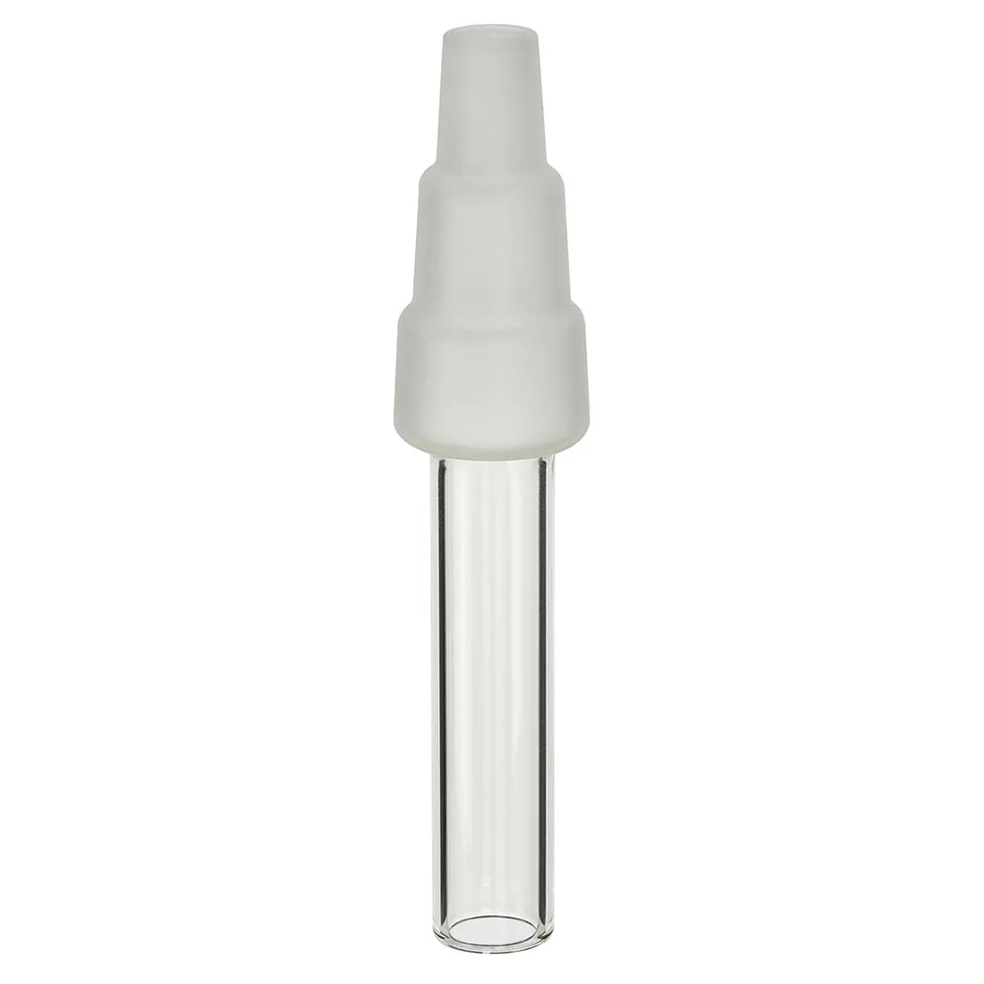 En bongadapter med et klart, gennemsigtigt design pryder synsfeltet. Adapterens form er cylindrisk med en bredere bund og en smalere top. Materialet er glas, hvilket giver en glat og skinnende overflade. Der er en lille åbning i toppen, som fører til en stikkontakt, og en bredere bund med et fladt område. Adapteren har også en let buet kant.