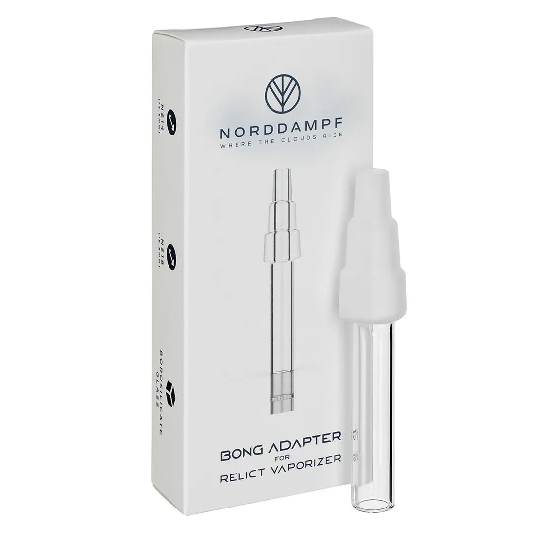 En transparent bong adapter i klart glas med en cylindrisk form, der afsluttes med en let buet top. Adapteren har en indvendig diameter, der muliggør tilslutning til standard bonghuller. Overfladen er glat med få fine detaljer, og der ses en diskret overgang mellem de forskellige sektioner. Adapterens farve er gennemsigtig uden farvetoner.