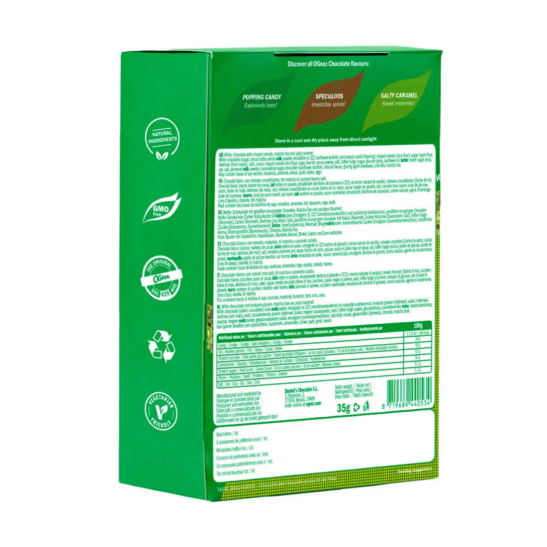 En pakke med saltet karamel, prydet med en primært brun og gylden farvepalette. Forsiden har et stort, tydeligt logo i hvidt med en let bølgende skrifttype. Pakken er accentueret med en sølvfarvet kant og har et mønster af små karamelstykker. Nederst er der angivet vægten, 35 gram, i sort tekst. Bunden har detaljer om ingredienserne i mindre skrifttype.