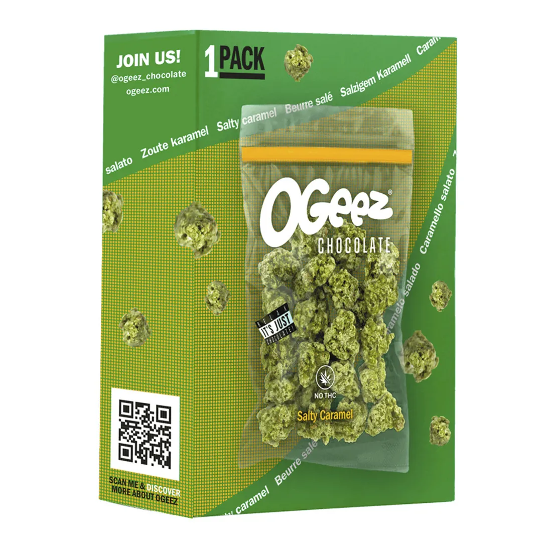 Ogeez salty caramel præsenterer sig i en firkantet, glat indpakning med en dominerende brun farve og gyldne nuancer. Forsiden har en tydelig tekst i hvid og sort, der angiver produktnavnet. Det er prydet med et stiliseret billede af karamel og saltkrystaller. Emballagen har en mat finish med let skinnende sektioner, der tilføjer dybde.