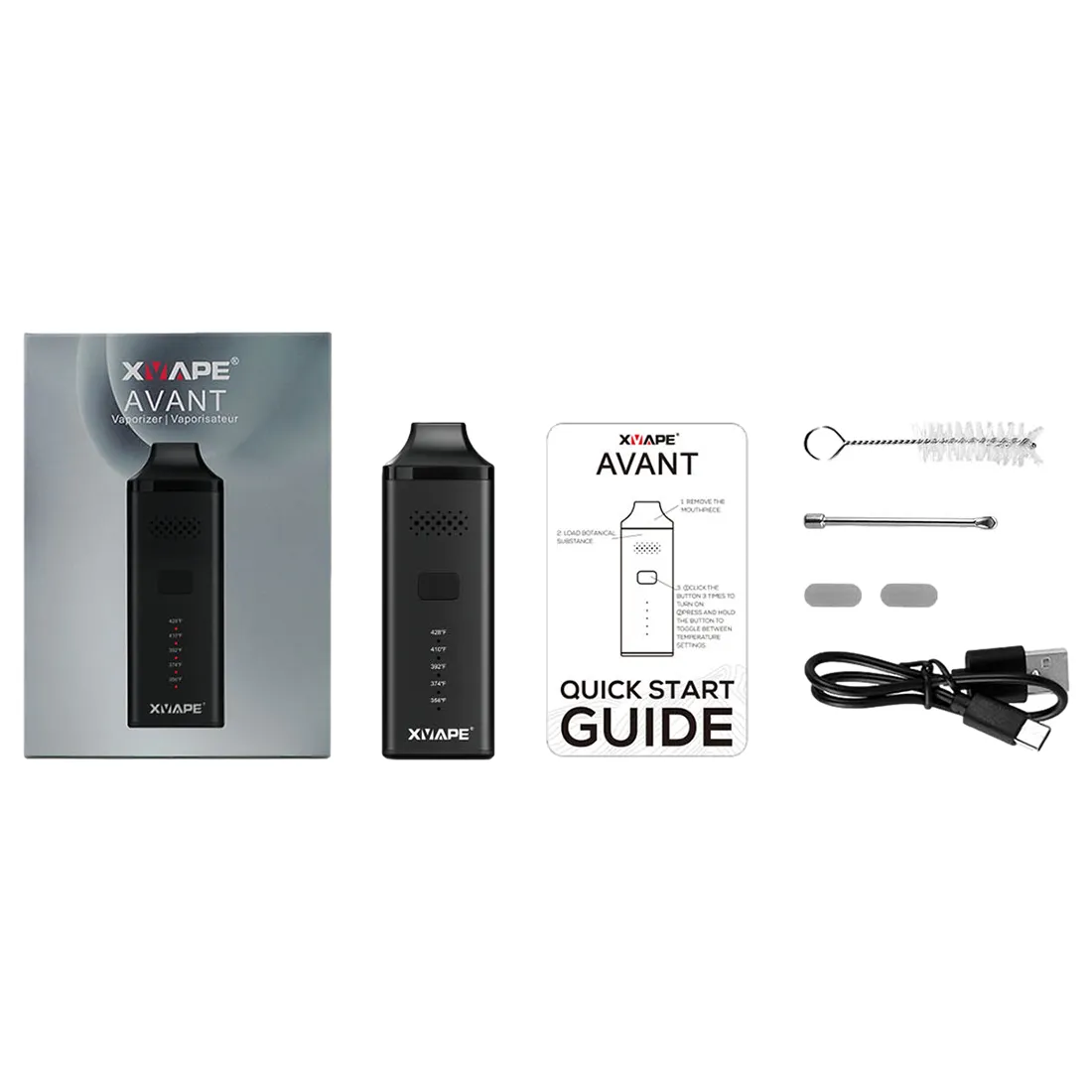 Vaporizerens krop er fremstillet af rustfrit stål med en mat, grå overflade, der har en let tekstur. Den har en buet form med afrundede kanter. Foran ses en digital skærm med tydelige, hvide tal og symboler. Knappen til kontrol er placeret på siden og er cirkulær med en glat overflade. Luftkanalen er synlig, og der er et mundstykke i sort plast.