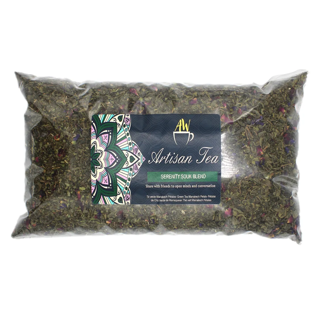 En kraftig papirpose prydet med en farverig, kunstnerisk etiket. Etiketdesignet indeholder nuancer af grøn, blå og gul, med bløde kurver og organiske former. Teksten er tydelig i en moderne skrifttype, angiver produktnavnet og vægt. Posens overflade har en mat finish, mens kanten er lukket med en foldet top, der giver en struktureret form.