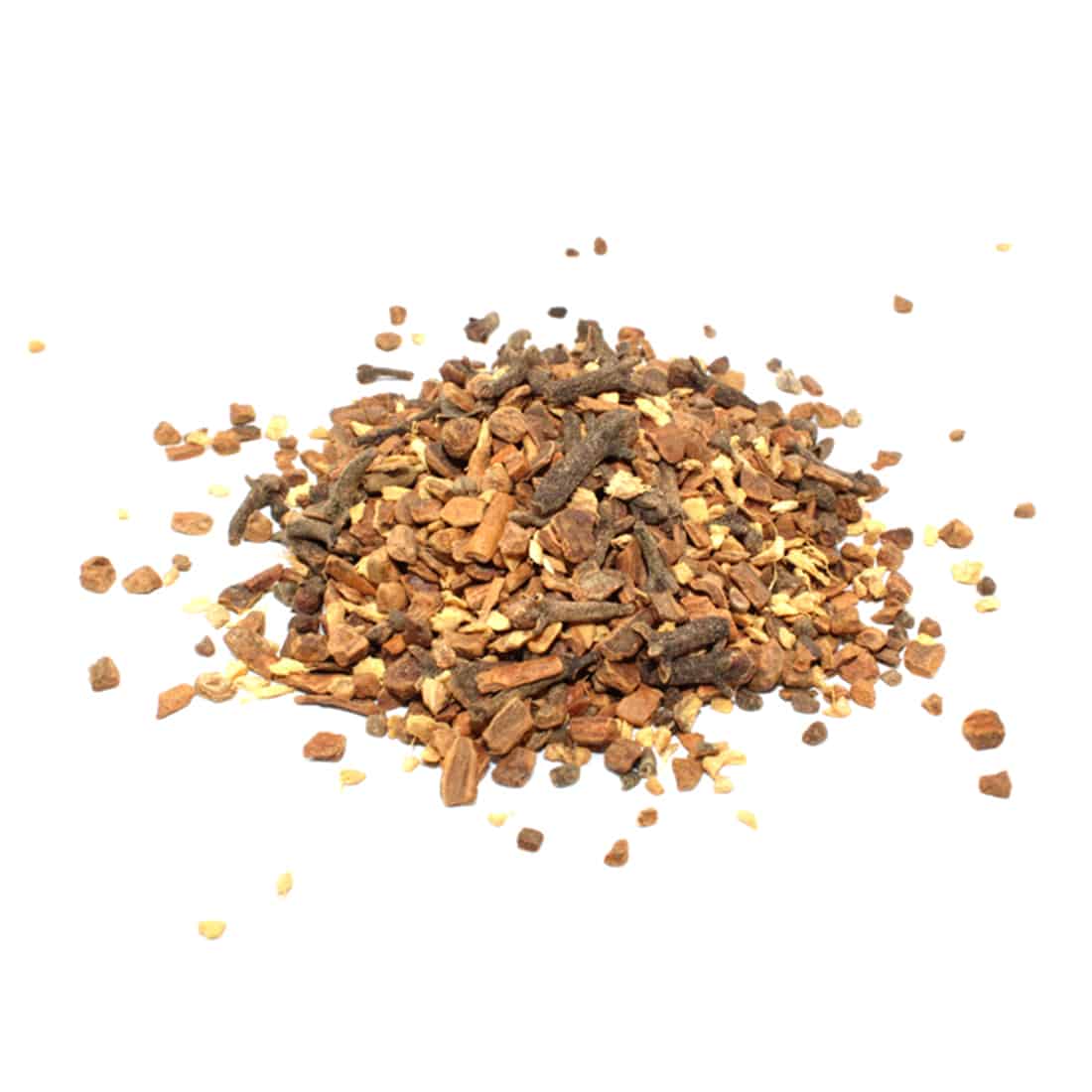 En stor, brun papkasse med en kraftig, glat overflade pryder forsiden med et farverigt og detaljeret design. Kassen har et grønt og gult mønster, der inkluderer en illustration af krydderier og urter. Øverst er der en tydelig tekst i sort og hvid, der angiver produktets navn. Kassen er lukket med klæbende tape, og bunden er forsynet med tydelige skrifttegn.