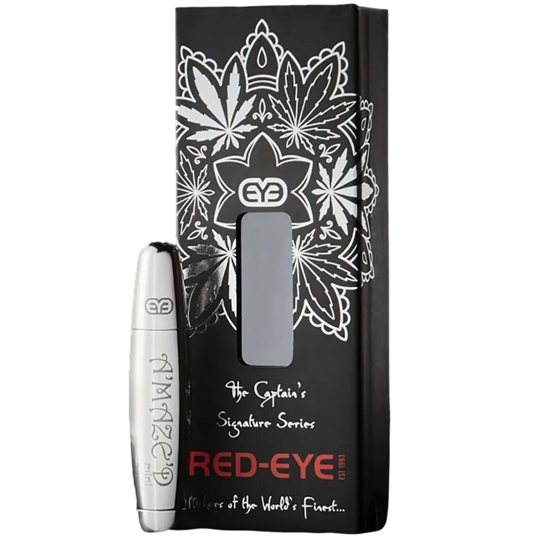 En mini pibe i titanium med en længde på 62 mm præsenterer sig i en metallisk rød farve. Den glatte overflade har en blank finish, der reflekterer lys. Piben har en elegant, strømlinet form med en let buet krop og en afrundet åbning. Det enkle design omfatter ingen synlige knapper eller symboler, hvilket giver et minimalistisk udtryk.