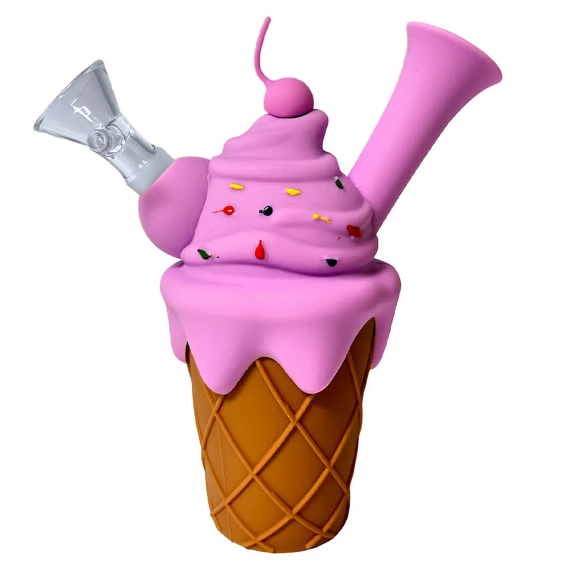 En lilla silikonepibe med en glat overflade står i fokus. Piben har en buet form og en bred, flad bund, der sikrer stabilitet. Den har en konisk mundstykke, der slutter i en lille åbning. Mønstre i materialet giver en tekstureret effekt, og den dybe lilla farve skaber en iøjnefaldende kontrast til den klare baggrund.