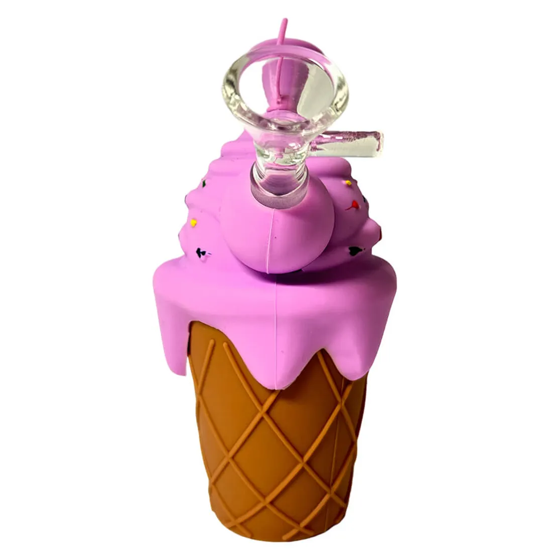 En silikone pibe i lilla nuancer med en glat og blød overflade. Piben har en buet form med en bred mundstykke og en smal hals. Den nederste del er udstyret med en rund fod for stabilitet. Der er fine detaljer og en ensartet tekstur, der giver et moderne udtryk. Farven varierer fra dyb lilla til lysere lavendel.