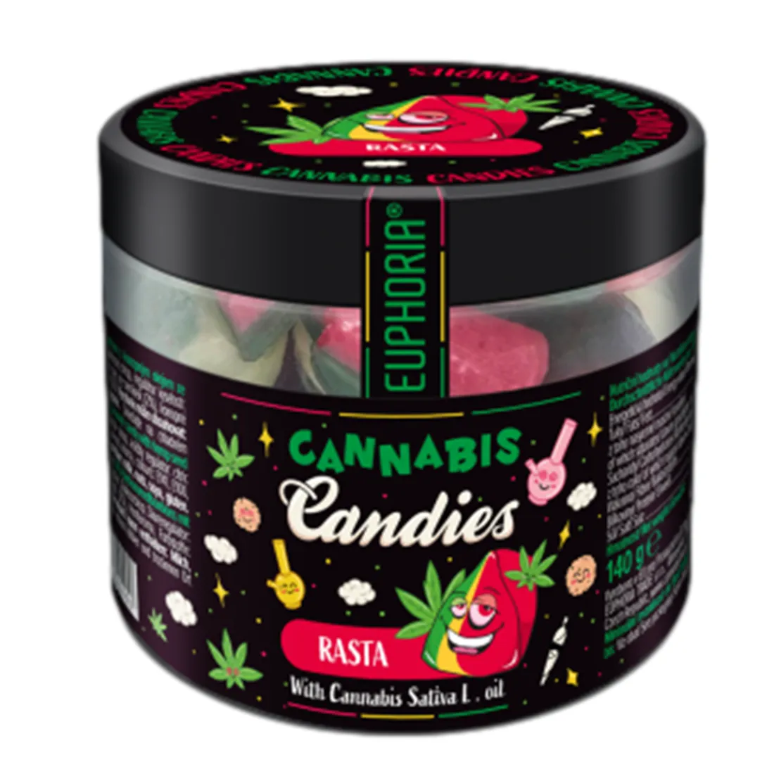 Farverne i denne emballage består af en kombination af grøn, rød og gul, som danner et rasta-inspireret mønster. Pakken er rektangulær med en glat overflade og har et klart vindue, der afslører de farverige slikstykker indeni. Logoet er placeret centralt, og der er tekst i hvid og sort, der angiver produktets navn og vægt.