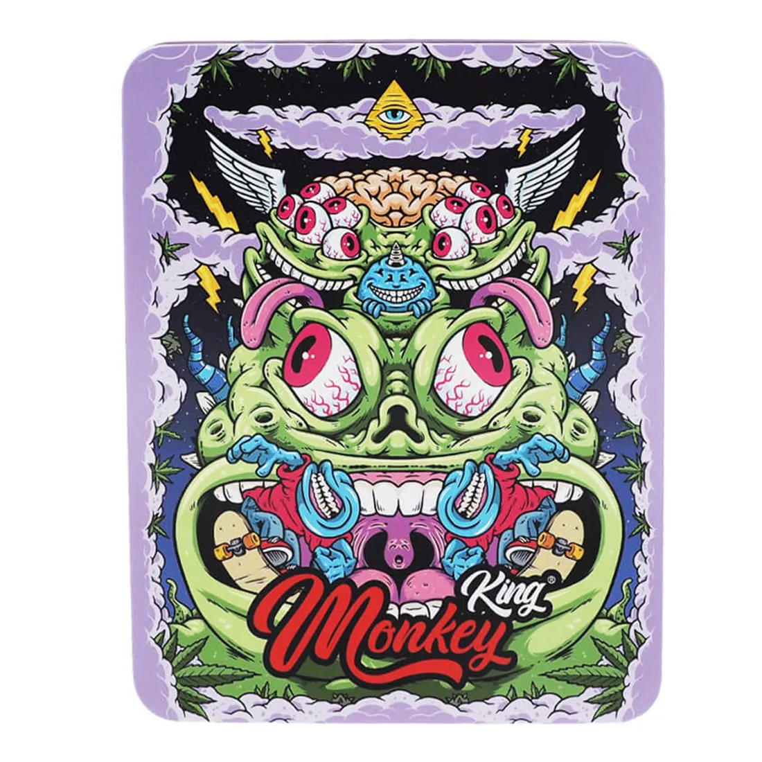 En metalopbevaringsboks præsenterer sig med en glinsende, sølvfarvet overflade, der reflekterer lyset. Boksen har en rektangulær form med afrundede hjørner og en solid låg, der lukkes med en enkelt, praktisk hængsel. Mønstret på overfladen inkluderer detaljerede graveringer af en ape og stjerner, der tilfører et fantasifuldt element til designet.