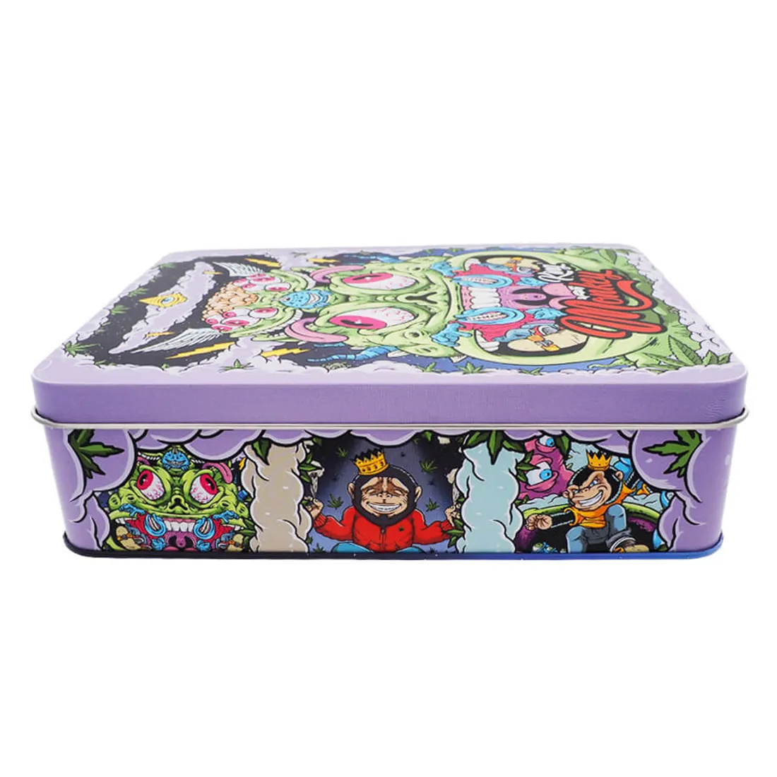 En opbevaringsboks i metal præsenterer sig med en glat, mat overflade i en dyb blå farve. Låget er dekoreret med en stiliseret, gylden abe, der har en sjov ansigtsudtryk. Boksen har en firkantet form og er udstyret med en solid hængselmekanisme. Kanterne er let afrundede, hvilket tilføjer et blødt udtryk til den robuste konstruktion.