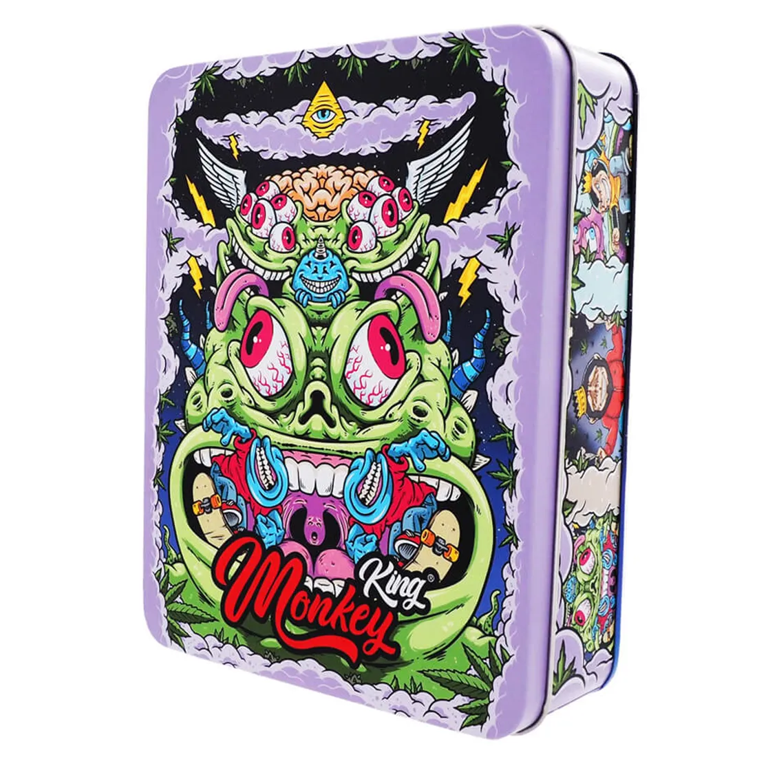 En metal opbevaringsboks med en glat, sølvgrå overflade prydet med farverige illustrationer af en abe og stjerner. Boksens kanter er let afrundede, og låget har en indbygget hængsel, der giver adgang til det indvendige rum. Mønsteret er detaljeret med nuancer af blå, pink og guld, hvilket tilføjer et livligt element til den enkle form.