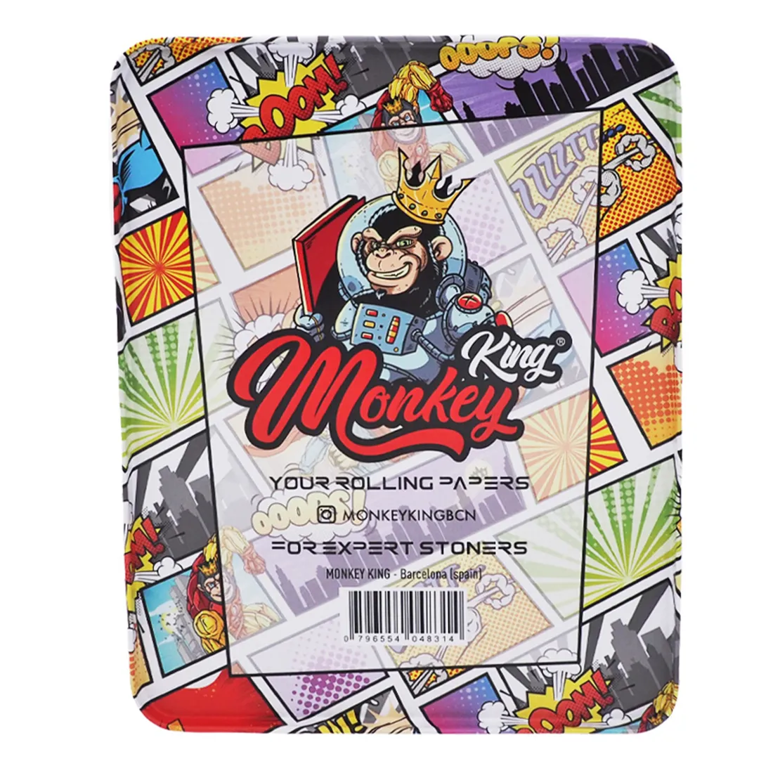 Metal opbevaringsboks med en rektangulær form, dekoreret med en farverig illustration af en superhelte-abe. Boksen har en glat, skinnende overflade i nuancer af blå, rød og gul, med detaljerede ansigtstræk og et kappe-design. Låget har en præcis pasform, og kanterne er let afrundede. Mønstrene er levende og tiltrækkende.