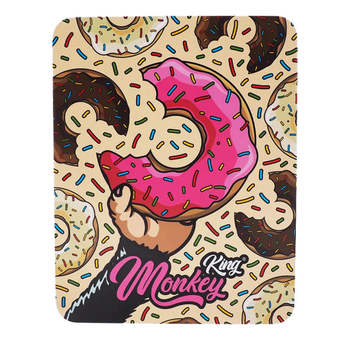 En metalopbevaringsboks præsenterer en rund form med en glat, skinnende overflade. Boksens ydre har en dyb grøn farve med detaljerede, guldfarvede illustrationer af en abe, der bærer en krone. Låget er fladt og har en tætsiddende pasform. Indersiden er malet i en lysere nuance, og bunden har en let tekstureret finish.