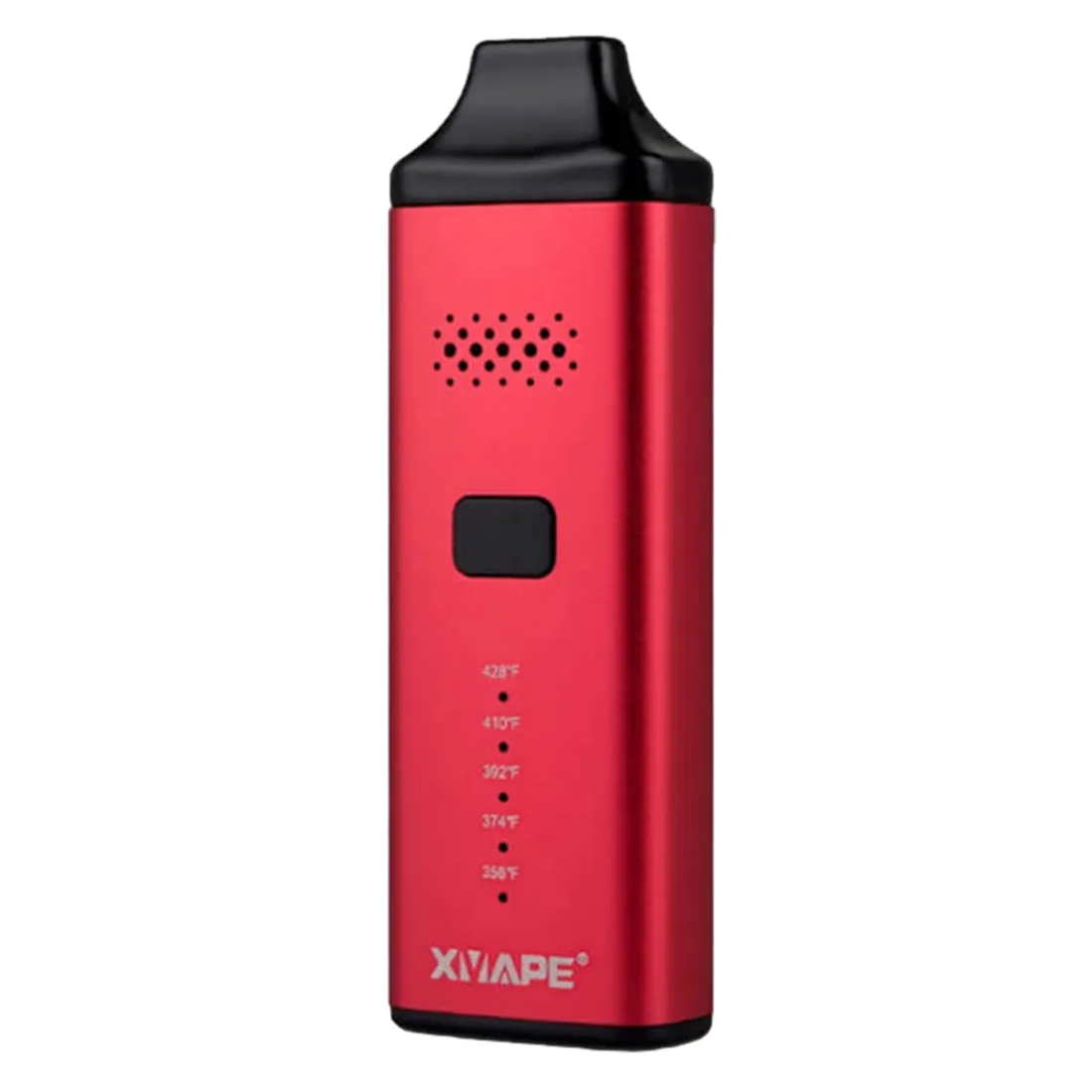 Vaporizerens krop er i en dyb rød farve med en glat, blank overflade. Den har en ergonomisk form med afrundede kanter, der giver et moderne udtryk. Foran ses et skærm med digitale tal og ikoner, og der er en knap til betjening på siden. Bunden har en tekstur, der sikrer godt greb.