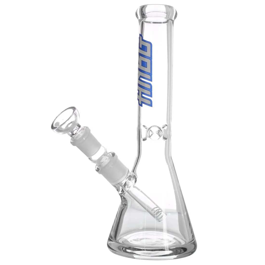 En figur med en stiliseret, blå farve, der repræsenterer en karakter med en rund hovedform, store øjne og en bred mund. Hovedet er prydet med en sort hat, og ansigtet har skarpe detaljer, der fremhæver karakterens udtryk. Figuren står på en firkantet base, og den har en glat, blank overflade, der reflekterer lys.