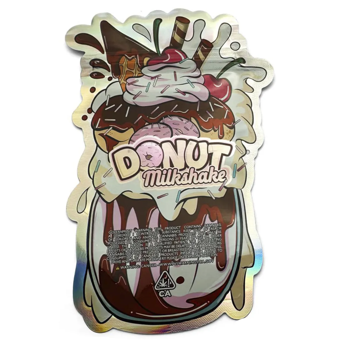 En donut-milkshake præsenteres i en gennemsigtig, mylar-zipper-pose. Posen har en sølvfarvet glans, som reflekterer lys. Den indeholder en cremet, lysebrun væske, der simulerer en milkshake, og er dekoreret med farverige, strøede toppings i nuancer af rosa, gult og grønt. En guldfarvet lynlås lukker posen øverst.