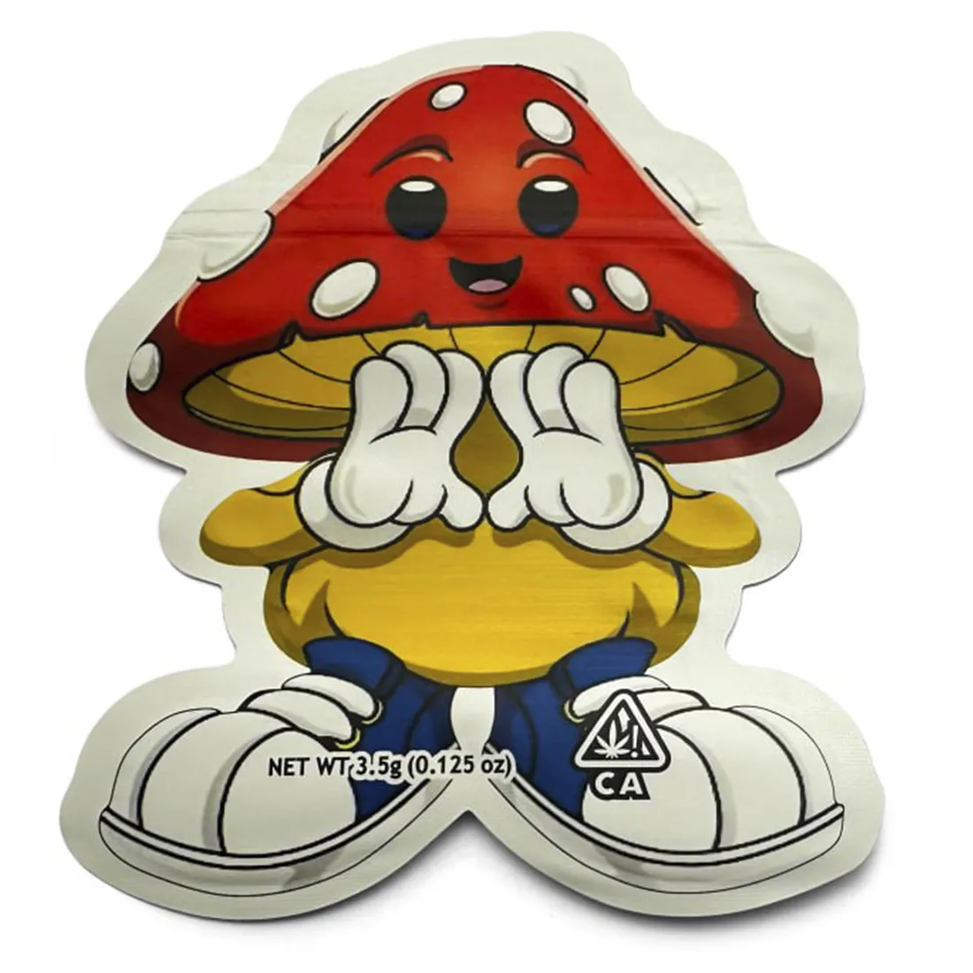 En mylar-zipperpose præsenteres med en glat, refleksiv overflade i en lys, metallisk nuance. Posen har en tæt, forseglingsbar lynlås øverst, der sikrer indholdet. Forskellige farver og mønstre pryder forsiden, med en karakteristisk svampeillustration i midten. Materialet har en let gennemsigtig effekt, hvilket tillader en anelse af indholdet at skinne igennem.