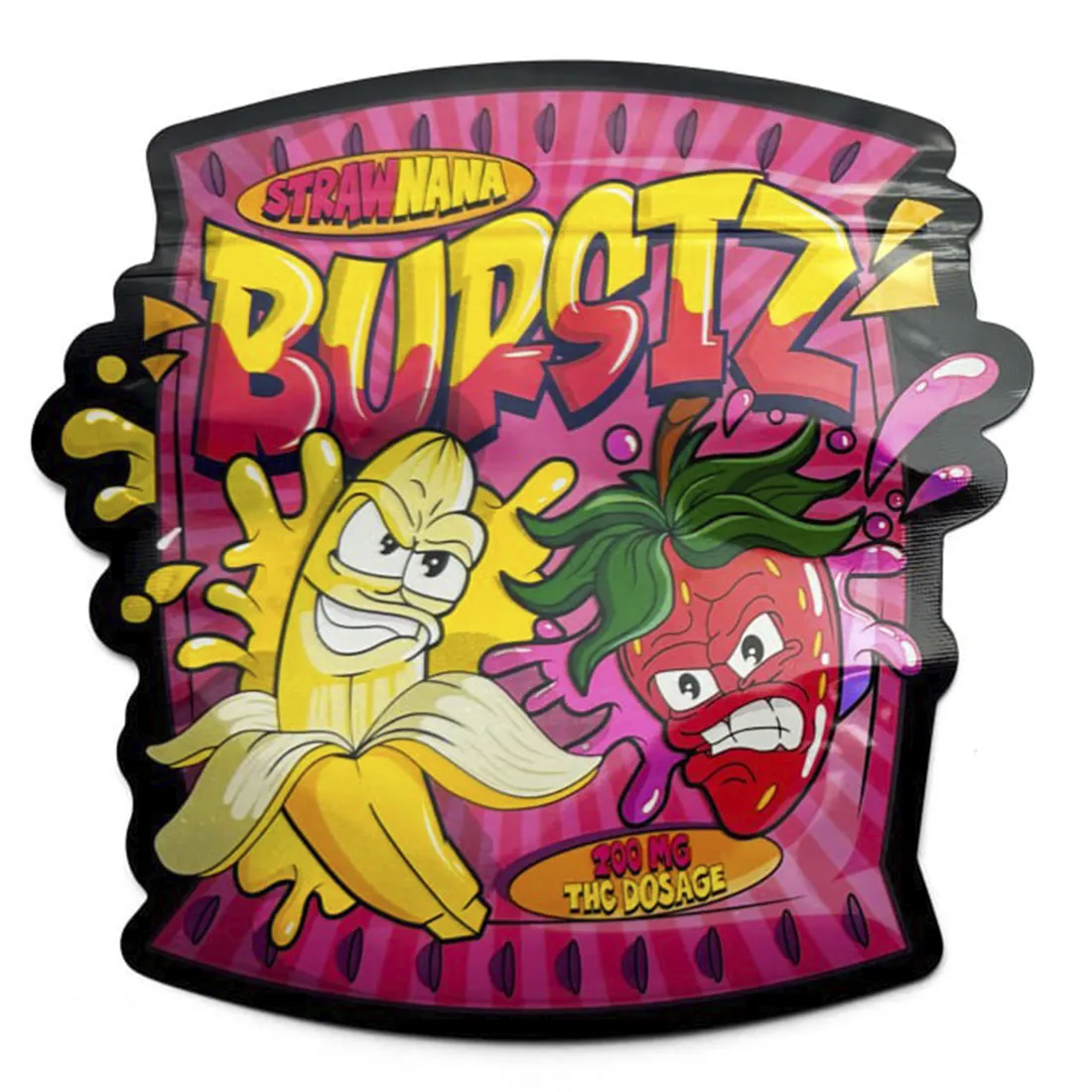 En genlukkelig pose i mylar med en blank, sølvfarvet overflade prydet med et farverigt mønster af stråber i nuancer af gul, rød og grøn. Posen har en tydelig zip-lukning øverst, og teksten "Strawnana Burstz" er trykt i en iøjnefaldende skrifttype. Mønstret skaber en dynamisk effekt, der fanger opmærksomheden.