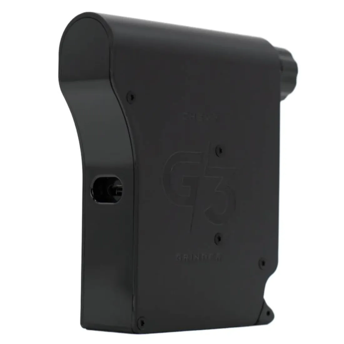 En elektrisk kværn i sort plast med en glat overflade og en kompakt form. Toppen har et gennemsigtigt vindue, der afslører kværnens indhold. Knapperne er placeret på fronten i et minimalistisk design. En metalaksel kan ses indeni, omgivet af små, skarpe tænder, der er designet til at male. Sikkerhedsmærkater er synlige på siden.