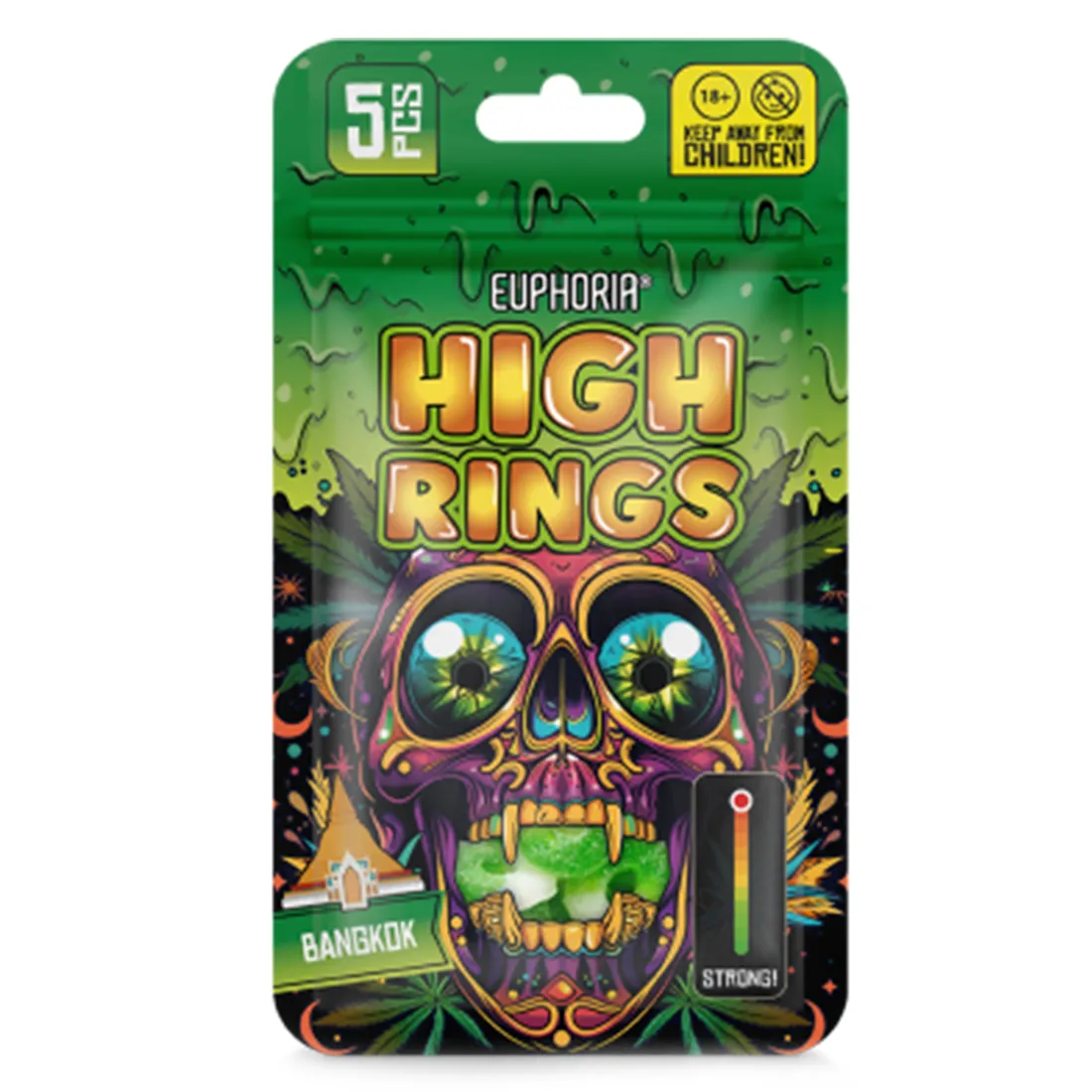 Euphoria High Rings fremstår med en elegant, glinsende overflade i en dyb, gylden farve. Ringene har en slank, buet form, der skaber en harmonisk silhuet. De er dekoreret med fine, indviklede mønstre, der tilføjer tekstur og dybde. Det blanke metal reflekterer lys, hvilket giver en luksuriøs følelse. Hver ring er præcist designet med omhyggelig detalje.