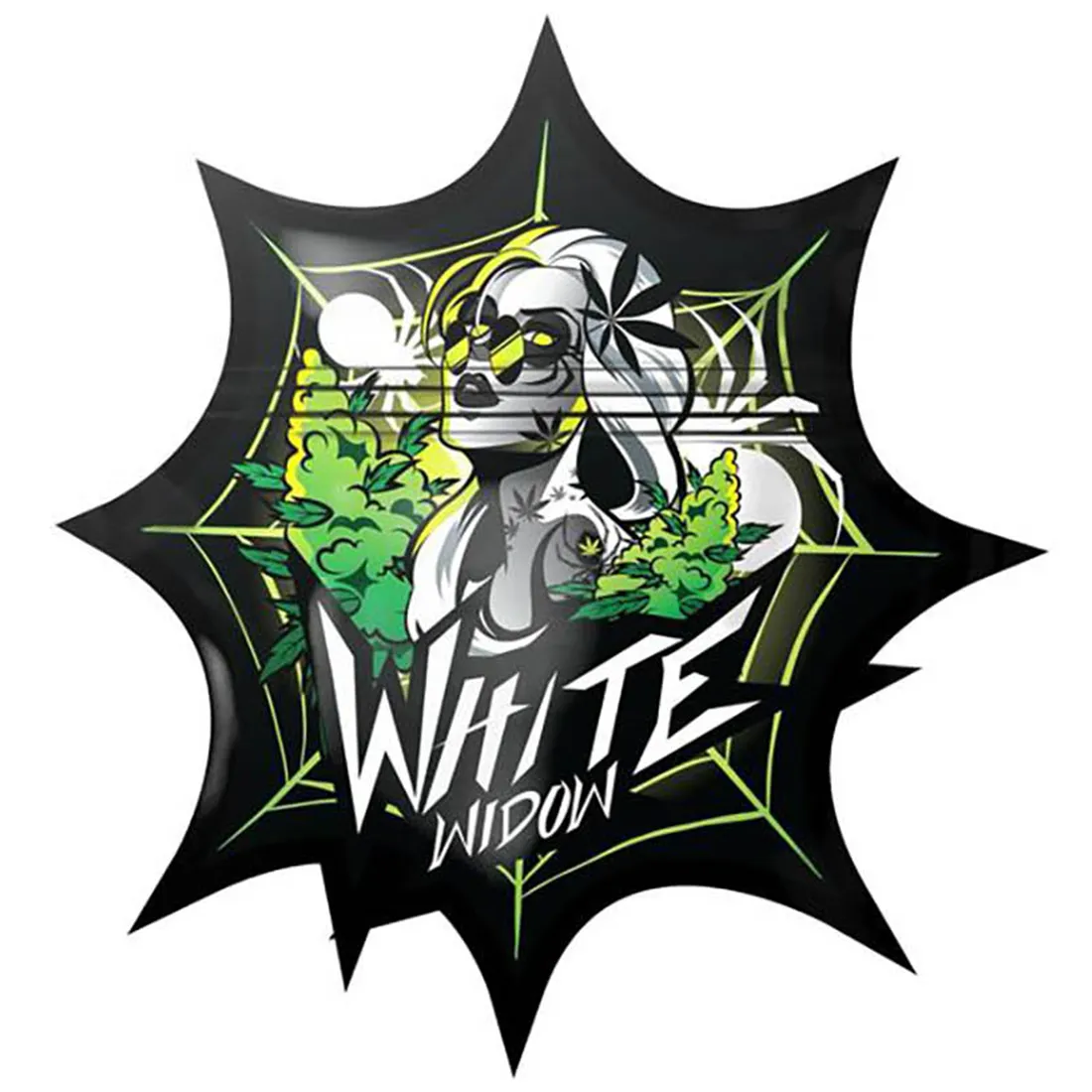 En hvid mylarpose præsenterer sig med en glat, skinnende overflade. Posen har en rektangulær form med mål på 110 x 120 mm. På forsiden er der en tydelig, sort tekst med produktinformation og et grafisk element af en stiliseret plante. Lukkemekanismen er en zip-lukning øverst, hvilket sikrer tætning. Farverne i designet er primært hvid og sort.