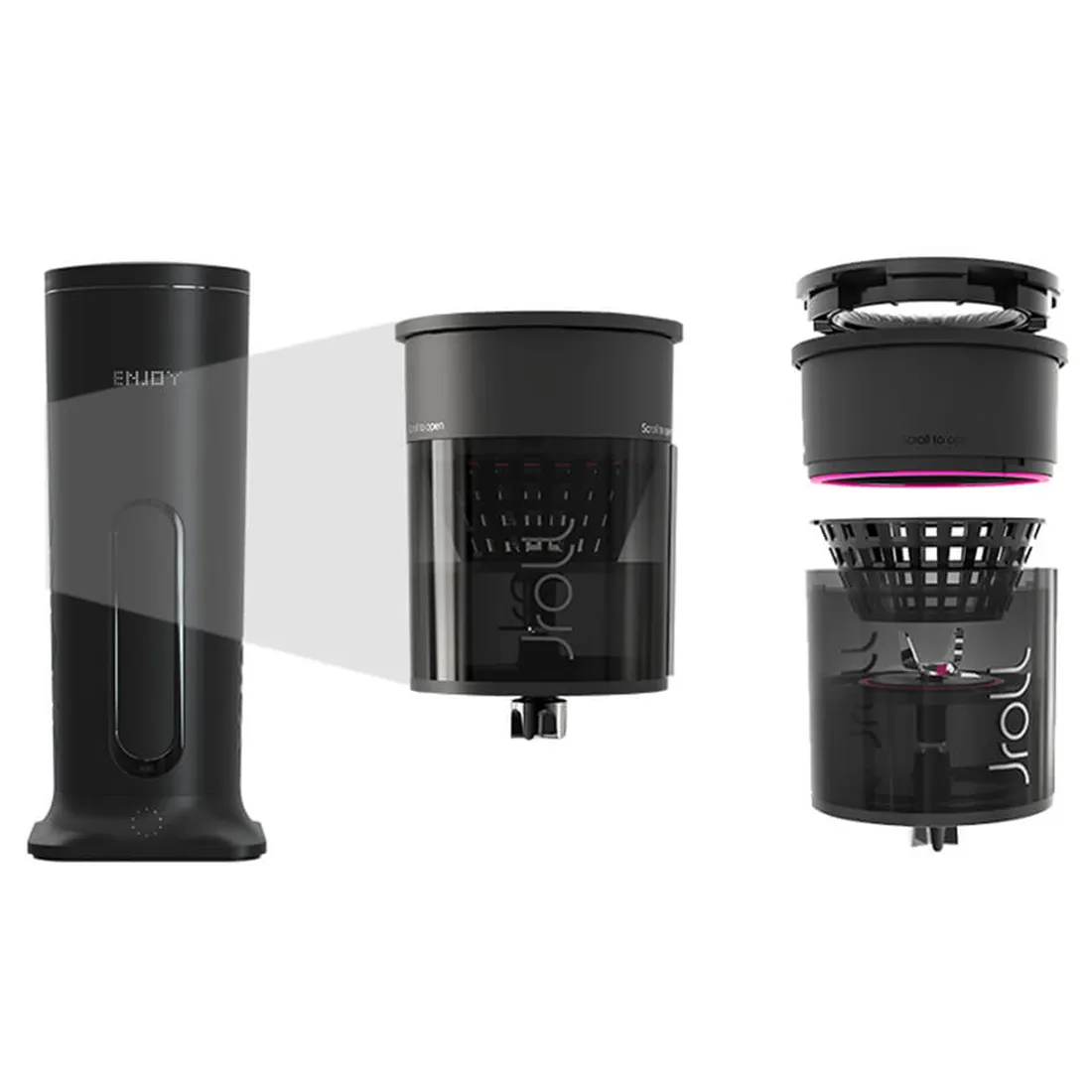 En kompakt enhed med en mat sort overflade, der har afrundede kanter. Fronten prydes af flere knapper i sølvfarve, der er let tilgængelige. Øverst findes en gennemsigtig beholder med en skridsikker bund. Enheden har en digital skærm, der viser tal, og små ventilationshuller er placeret i siden for optimal luftcirkulation.