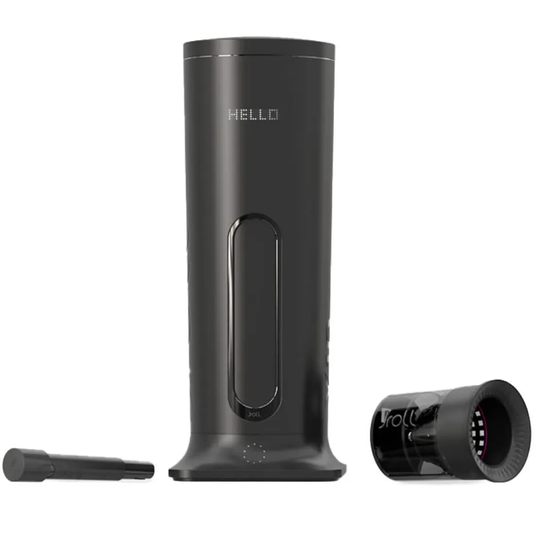 Et multifunktionelt apparat præsenterer en glat, sort plastoverflade med en mat finish. Det har en rektangulær form og er udstyret med en digital skærm, knapper i sølv og en tydelig vægtindikator. En stor beholder med gennemsigtig plast er placeret øverst. Kanten er afrundet, og der er synlige mønstre i plasten, der giver et moderne udtryk.