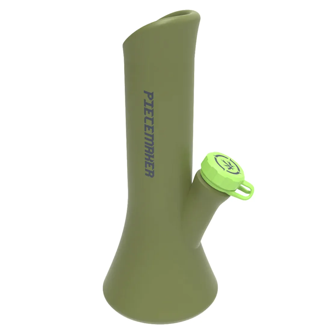 En grøn silikonebong med en glat overflade og en buet form. Den har en højde på 21 cm og en bred base, der giver stabilitet. På siden er der en indbygget skål til stoffer, mens en silikonehåndtag sikrer nemt greb. Der er tydelige detaljer i form af en rørformet struktur, der fører til en mundstykkeåbning.