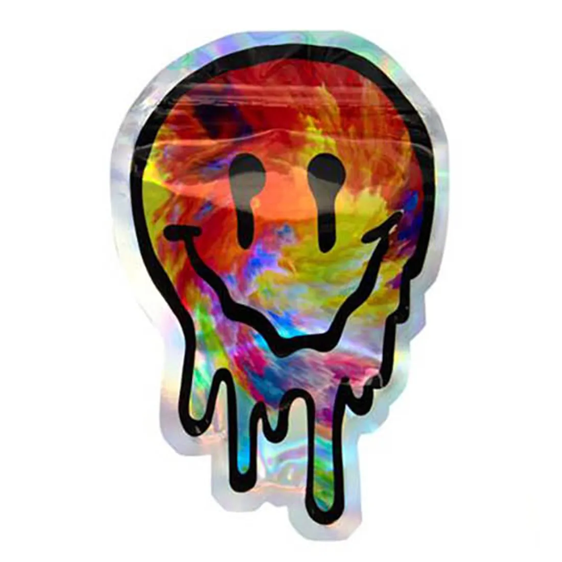 En mylarpose prydet med et farverigt, smilende ansigt. Baggrunden er i en lys gul nuance, der fremhæver det sorte og hvide ansigt med store, runde øjne og et bredt smil. Posen har en glat, skinnende overflade, der reflekterer lys og detaljer. I nederste hjørne er der små, grafiske elementer og tekst i kontrastfarver.