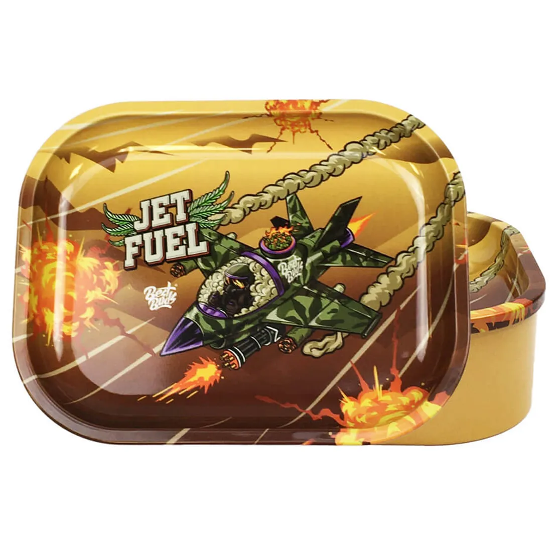 En rektangulær rullebakke i metal prydet med en farverig illustration af blomster og blade i nuancer af grøn, lilla og orange. Overfladen har en glat, skinnende finish, mens kanten er let hævet. I midten findes et indviklet mønster, som tilføjer dybde. Bakken har afrundede hjørner og et diskret logo i et hjørne.