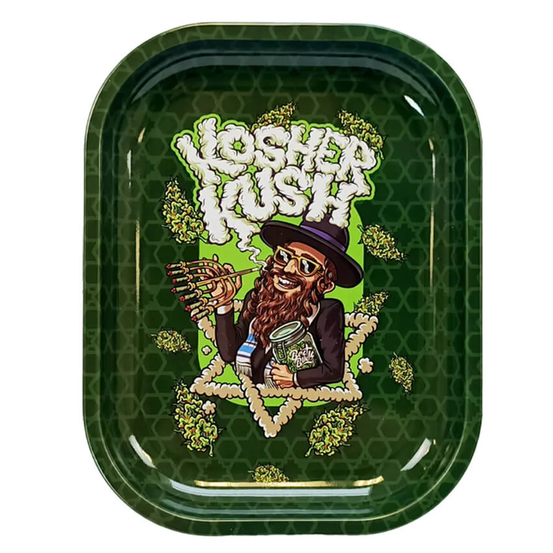En rektangulær rullebakke i metal præsenterer et farverigt design med en mørkegrøn baggrund, prydet med detaljerede illustrationer af cannabisblade og en karakteristisk tekst i en lysere nuance. Kanten er let hævet, og overfladen har en glat, reflekterende tekstur. Mønstret inkluderer også geometriske former, der tilføjer visuel interesse. Bakken måler typisk størrelsen til at passe til diverse rullebehov.