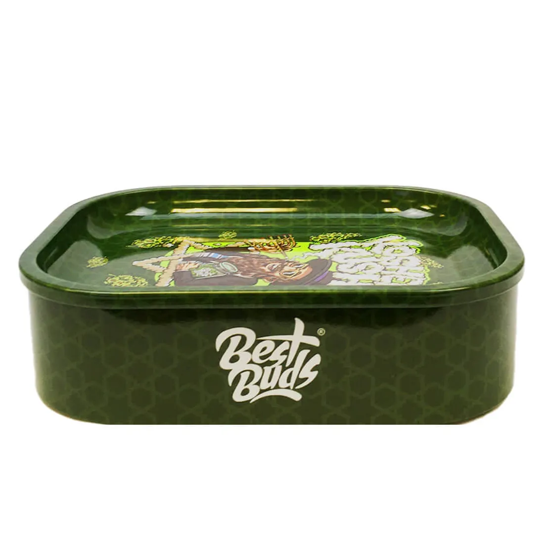 En rektangulær metalkasse med en glat overflade prydet af et farverigt, grafisk mønster, hvor nuancer af grøn, lilla og hvid dominerer. Motivet viser stiliserede cannabisblade og tekst i en legende skrifttype. Kassen har afrundede kanter og en mat finish, hvilket giver en moderne, men afslappet æstetik, ideel til opbevaring.