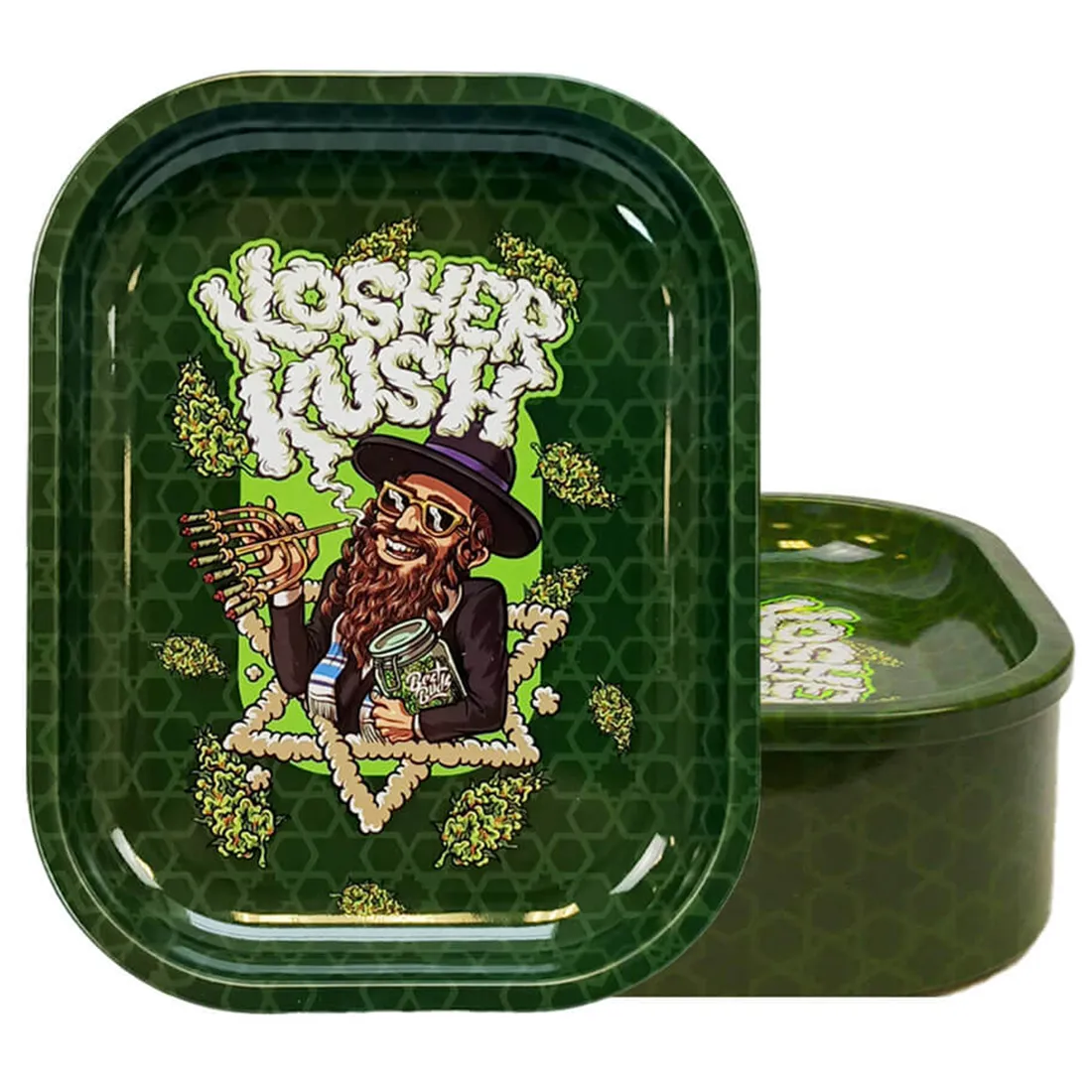 En rektangulær rullebakke prydet med et farverigt, grafisk mønster af cannabisblade og blomster. Baggrunden er en lys, grøn nuance, der fremhæver de detaljerede illustrationer i nuancer af grøn, lilla og guld. Bakken er lavet af metal med en glat overflade, der giver en let refleksion. Kanterne er svagt hævede, hvilket forhindrer indhold i at falde ud.