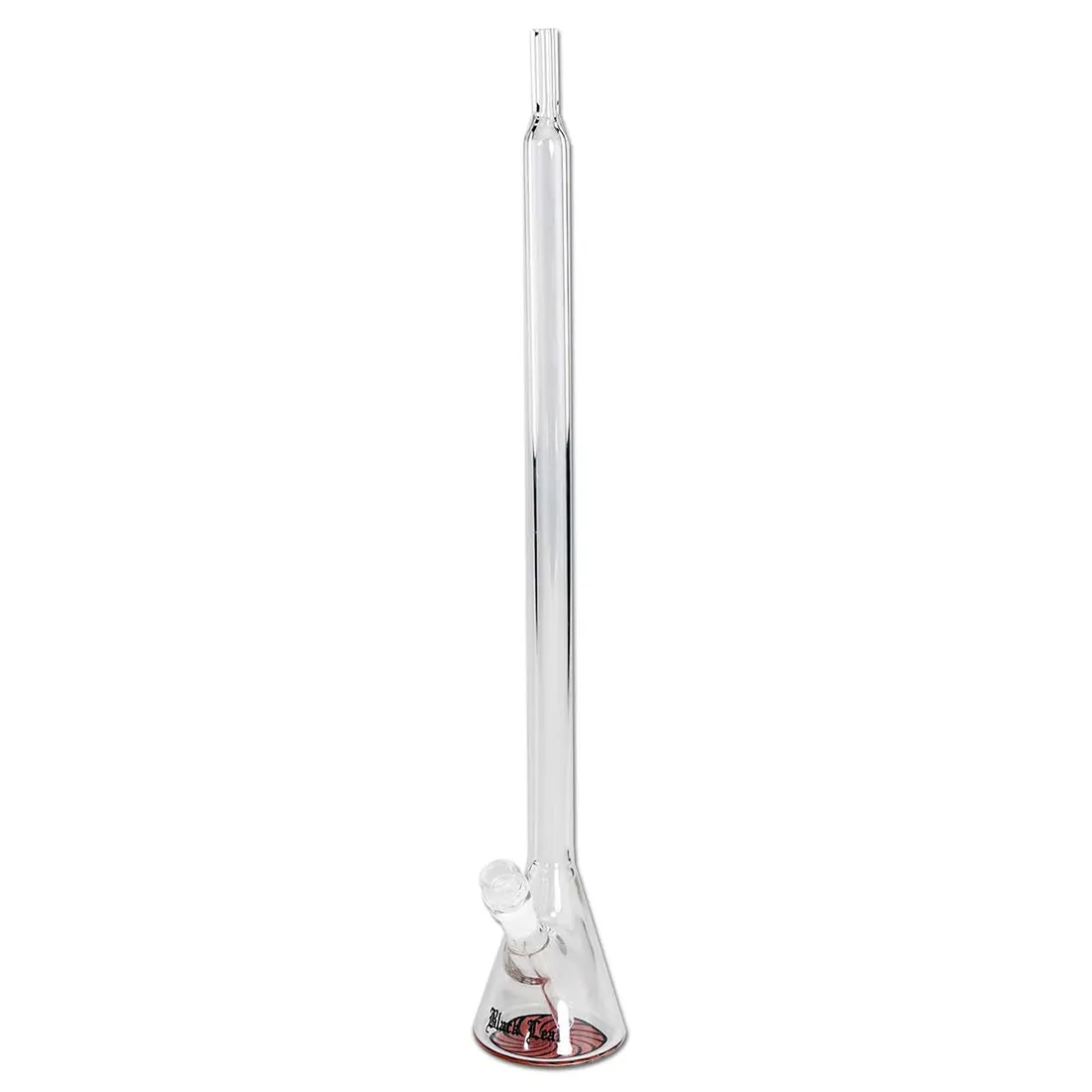 En slank bong fremstillet af klart glas, prydet med et elegant mønster af sorte blade. Den har en tynd hals, der fører til en bred skål i bunden, hvor der er en lille åbning til vand. Overfladen er glat med en let krumning, hvilket skaber en stilfuld og moderne form. Det sorte design giver en kontrast til det klare glas.