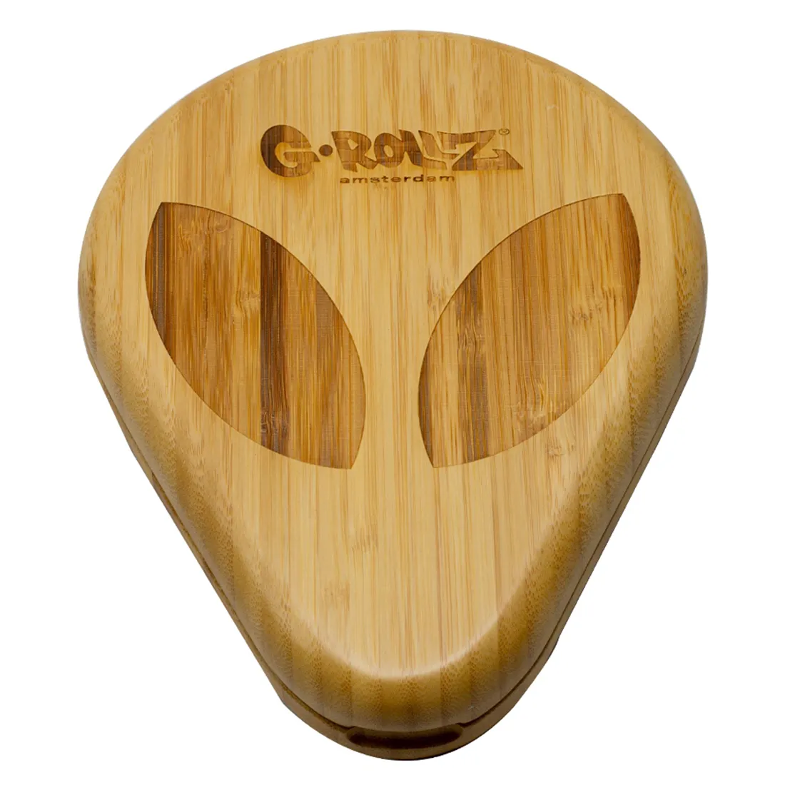 En firkantet bambusbakke præsenterer sig med en glat, lys og naturlig overflade. Kanterne er let afrundede, hvilket giver et blødt indtryk. Midten af bakken er prydet med et detaljeret, farverigt mønster af en alien-figur, der kombinerer grønne og blå nuancer. Mønstret er præcist og tilføjer en legende dimension til det enkle design.