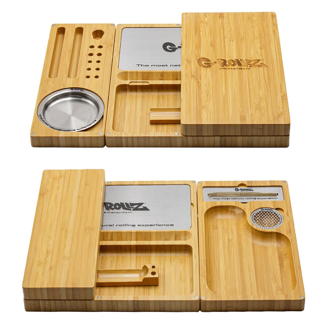 En rektangulær, flad bakke i bambus med afrundede kanter præsenterer en naturlig, lysbrun farve og en glat overflade, der fremhæver træets åretegninger. Bakken har en let hævet kant og er udstyret med håndtag i hver ende, der er integreret i designet. Den har en minimal og moderne æstetik, der passer ind i forskellige indretninger.