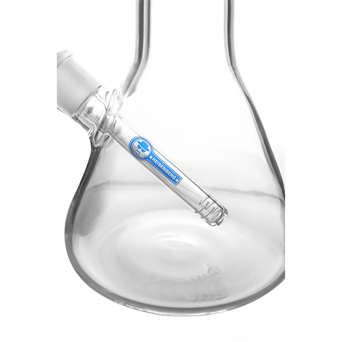 En stor, klar glasbeholder med en cylindrisk form pryder midten. Den har en bred bund og en smal hals, der afsluttes med en flad kant. Beholderen har et indviklet, 12-armet perkolator-system, der skaber en kompleks struktur. Overfladen er glat og gennemsigtig, hvilket afslører de indre detaljer. Farven er hovedsageligt klar med subtile reflekteringer.