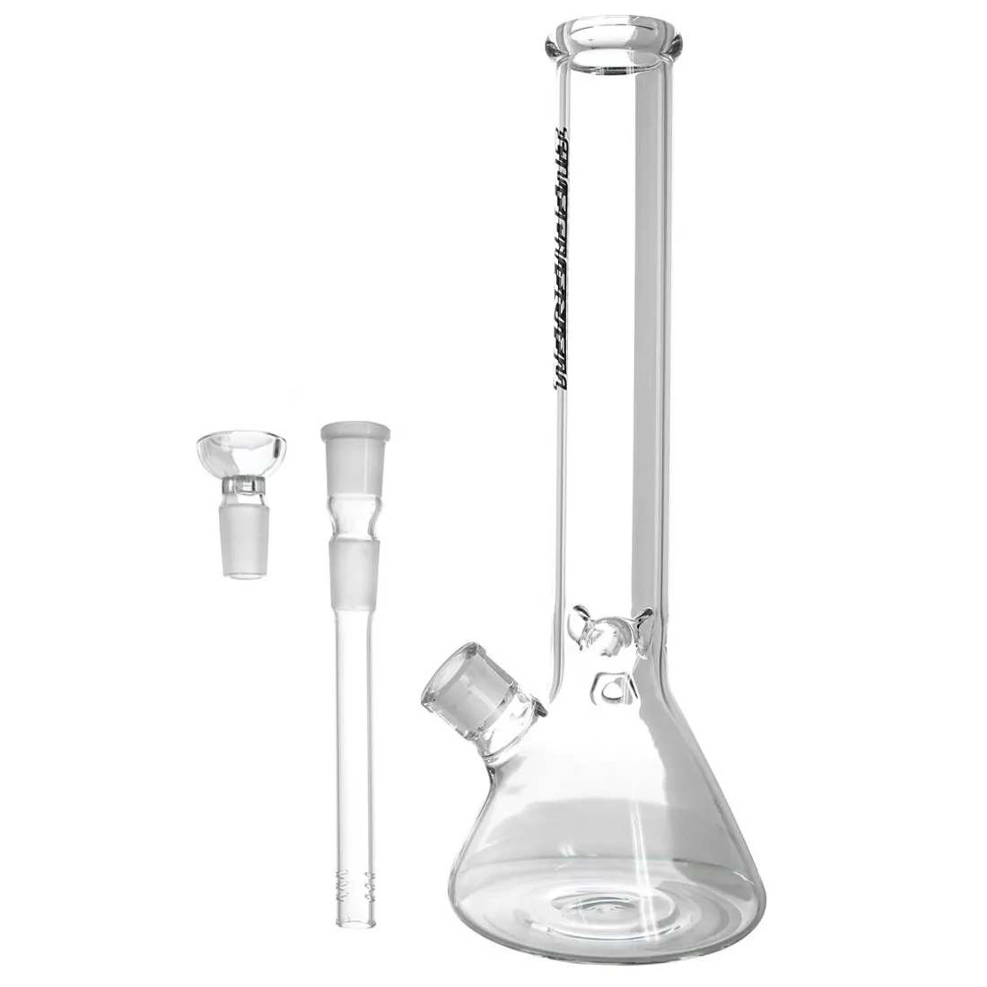 En sort beaker med en højde på 39 cm fremstår med en glat, ensartet overflade. Beakeren har en bred, stabil bund og en smalere åbning øverst. Den er præget af en grafisk illustration af et molekyle, der er udført i hvidt. Beakeren har en flad kant og ingen synlige dekorationer udover designet.