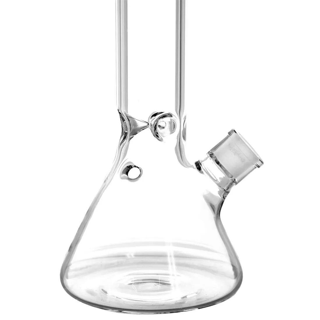 En sort beaker med en højde på 39 cm præsenterer en glat, mat overflade, der reflekterer lys svagt. Beakeren har en bred, stabil bund og en smal, cylindrisk form, der taper mod toppen. Den har en tydelig gradueringsskala i hvid, hvilket gør det nemt at aflæse mængder. Et håndtag er placeret på den ene side, hvilket giver et praktisk greb.