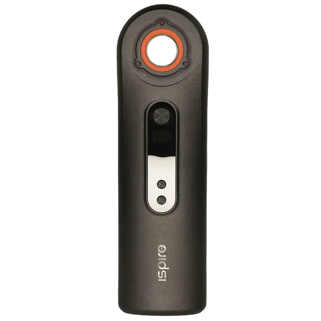 En slank, cylindrisk enhed med en glat metaloverflade pryder midten, mens en sort adapter med en lille åbning er placeret i den ene ende. En tydelig, buet form sikrer ergonomisk greb. Overfladen har en poleret finish, der reflekterer lys, og en lille knap er synlig, måske til regulering, hvilket giver en minimalistisk og elegant æstetik.