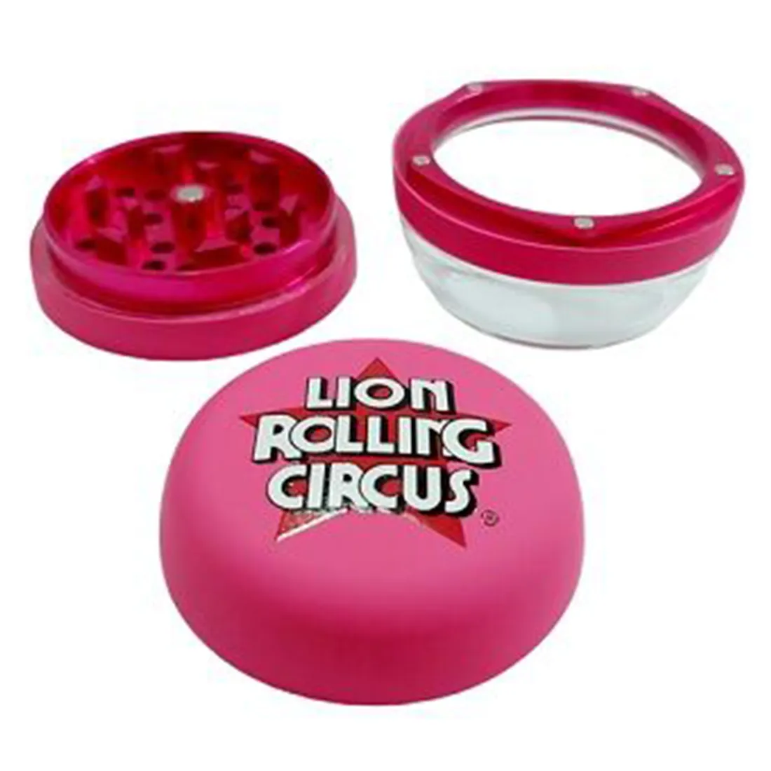 En lyserød kvadratisk metalgrind med en glat, reflekterende overflade pryder toppen. Den har en rund form med fine riller langs kanten og en skarp tandstruktur indvendigt. Knappen på toppen er rund og let tilgængelig, mens den nederste del har et gennemsigtigt rum, der viser det malede indhold. Det samlede design er minimalistisk og funktionelt.