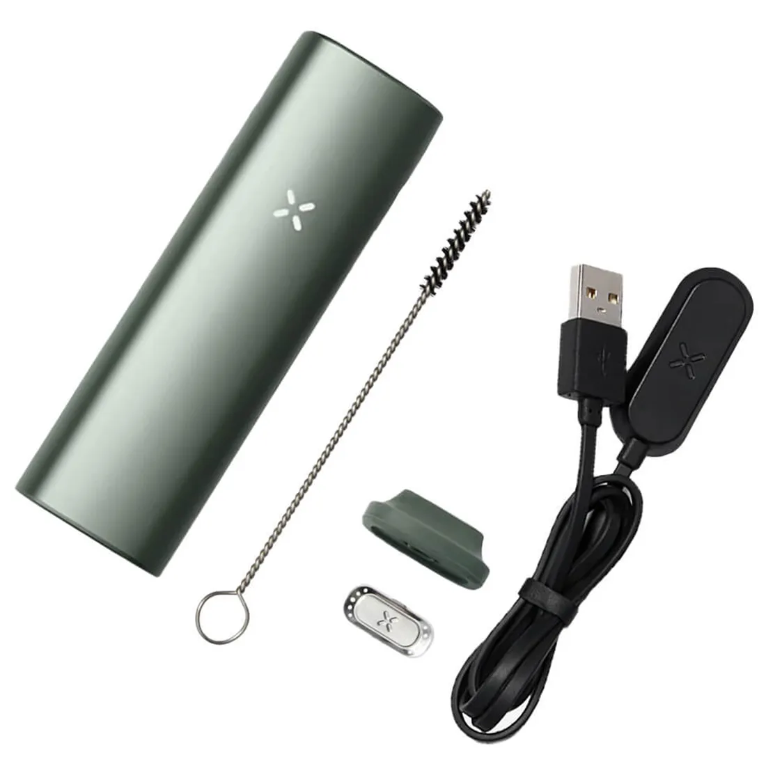 En kompakt enhed med en mat, mørkegrå overflade præsenterer sig med en rund form. Foran findes en digital skærm, der viser tal og ikoner. På siden er der en knap til tænd/sluk, samt to mindre knapper til justering. Enheden har en indgang til tørrede urter, som er omkranset af et metalnet. Mønsteret er enkelt og funktionelt.