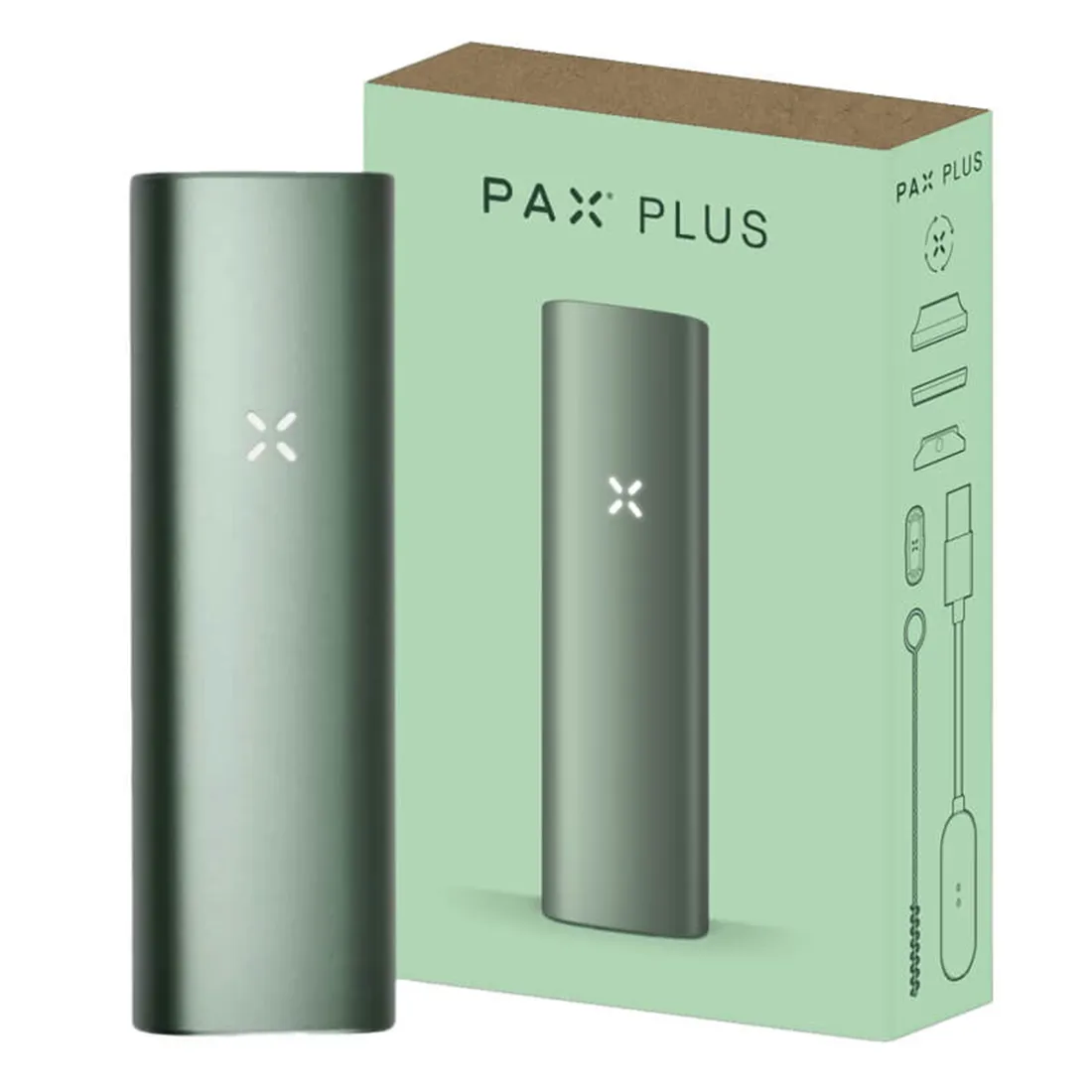 Pax Plus er en kompakt, bærbar enhed med en glat, mat overflade i en grønlig farve. Den har en ergonomisk form og en enkelt knap placeret centralt. Enheden har små ventilationshuller og en gennemsigtig skærm, der viser temperaturindstillingen. Tilbehør inkluderer en lille renseværktøj og en opbevaringsboks, alt i en minimalistisk stil.