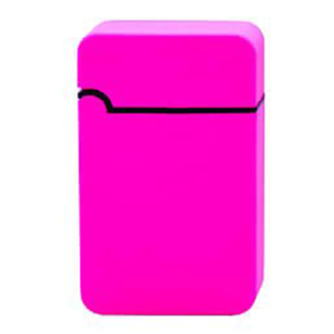 En lighter i en kombination af fluorescerende pink og blå farve pryder den synlige overflade. Den har en slank, ergonomisk form med en glat, plastisk tekstur. På siden findes en gasventil og en trykknap, som er let tilgængelige. Den øverste del afsluttes med en flammeudgang, der har en sort, beskyttende skærm.