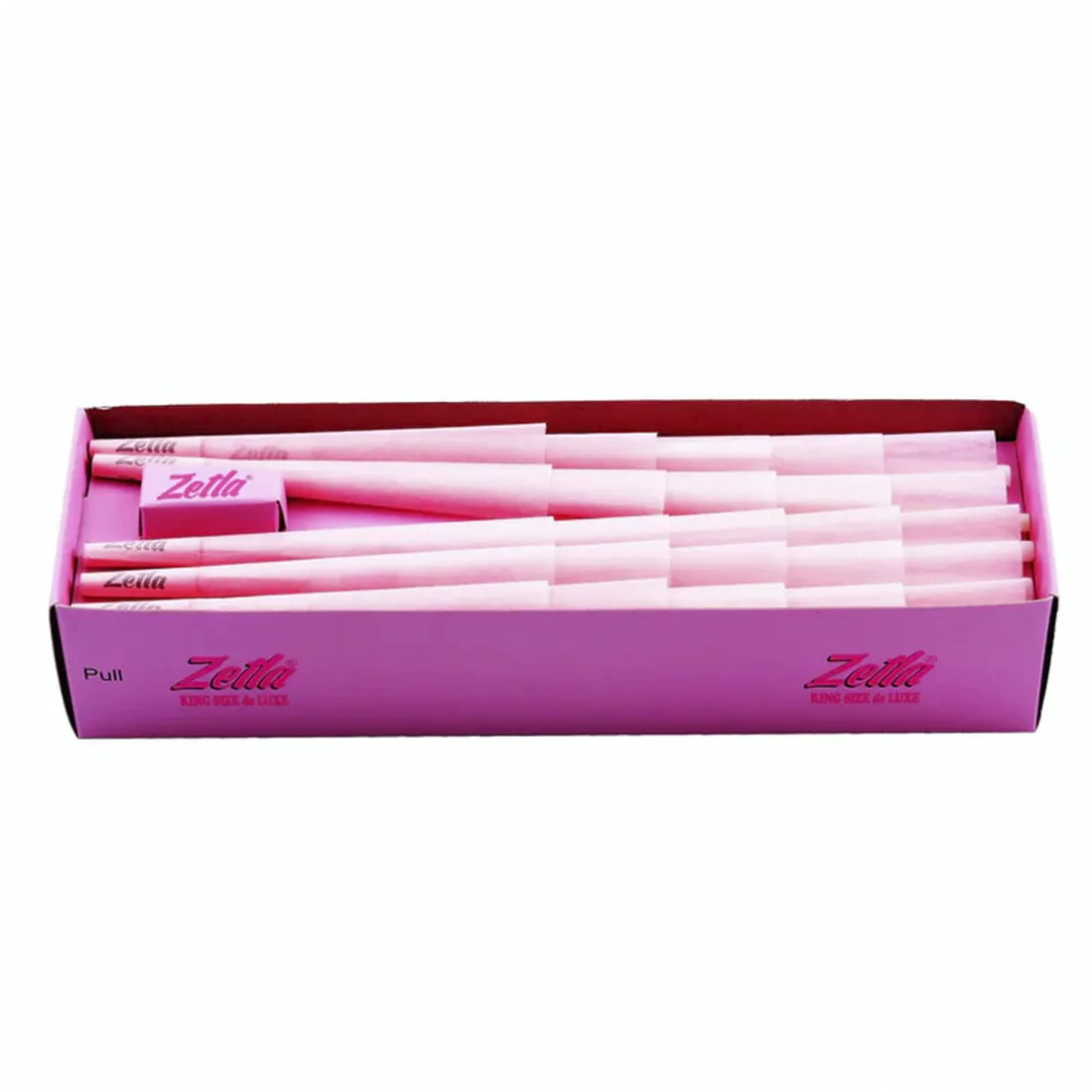 Zetla cones i king size deluxe format præsenteres i en lyserød farve, pakket i en æske med 100 stk. Hver cone er lavet af tyndt papir med en glat overflade og en let gennemsigtig kvalitet. Æskens design inkluderer subtile mønstre og en tydelig åbning for nem adgang til conerne. Farverne er ensartede og skaber et harmonisk udtryk.