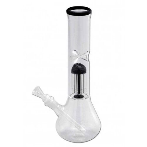 En sort bong med otte arme, der strækker sig fra et centralt kammer. Hver arm har små perkolatorer, der sikrer væskens filtrering. Materialet er klart glas med glatte overflader og skarpe kanter. Der er en bred, stabil bund, der forhindrer væltning. Øverst findes et mundstykke, der er let buet, hvilket giver et ergonomisk greb.