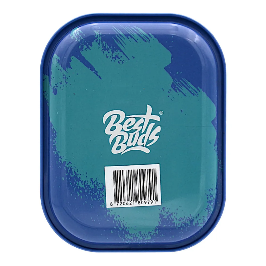 En rektangulær rulleskål i metal måler 180 x 140 mm, prydet med et farverigt, grafisk mønster. Overfladen viser nuancer af lilla, grøn og hvid, der danner stiliserede planteelementer. Kanten er let hævet, hvilket forhindrer indholdet i at falde ud. Den glatte tekstur reflekterer lys og giver et poleret udseende.