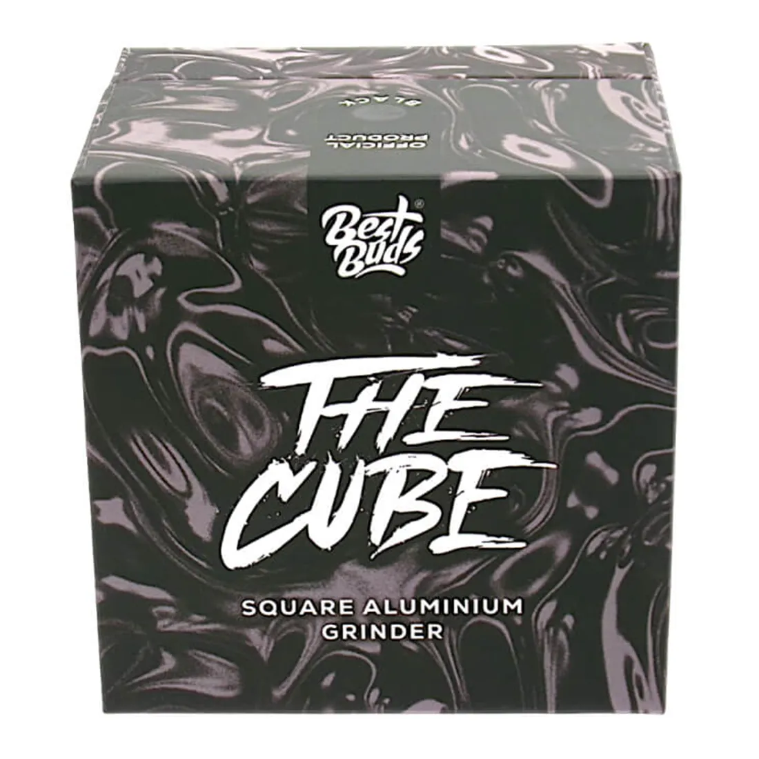 En sort kvadratisk urtegrinder med en diameter på 50 mm er præsenteret. Den har en glat, mat overflade og er designet med en synlig skruemekanisme i midten. På toppen er der et logo med en simpel grafisk repræsentation. Grinderen har en let buet form langs kanterne, som giver et ergonomisk greb. Indvendigt ses skarpe tænder til effektiv formaling.