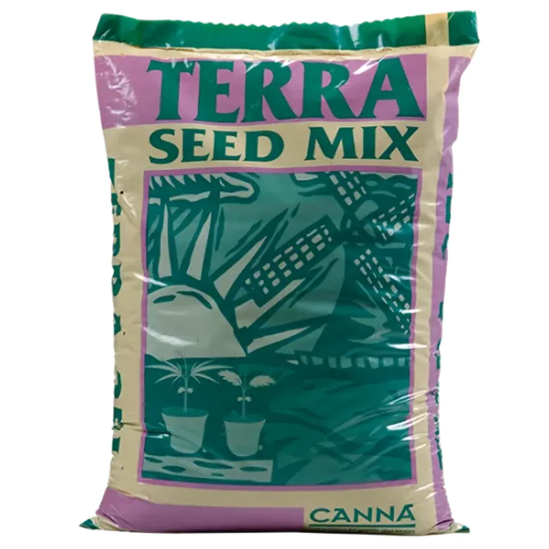 Canna Terra Seed Mix præsenterer sig som en mørkebrun, smuldret jordblanding med en grov tekstur. Den har et let fugtigt udseende, der indikerer friskhed. Massen er jævnt blandet uden store klumper, og små stykker af organisk materiale kan ses indimellem. Emballagen er en standard 25-liters pose med tydelig tekst og symboler, der angiver indholdet og anvendelsen.