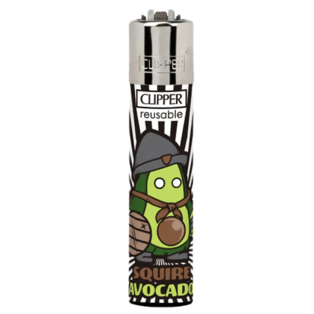 En grøn lighter med en mat overflade og afrundede kanter. Den er prydet med et minimalistisk avocado-motiv i nuancer af grøn, med mørkere skygger, der fremhæver frugtens form. Lighterens top har en sølvfarvet metalretning, der indeholder en flammeudløser. Baggrunden er hvid, hvilket fremhæver lighterens farver og design.